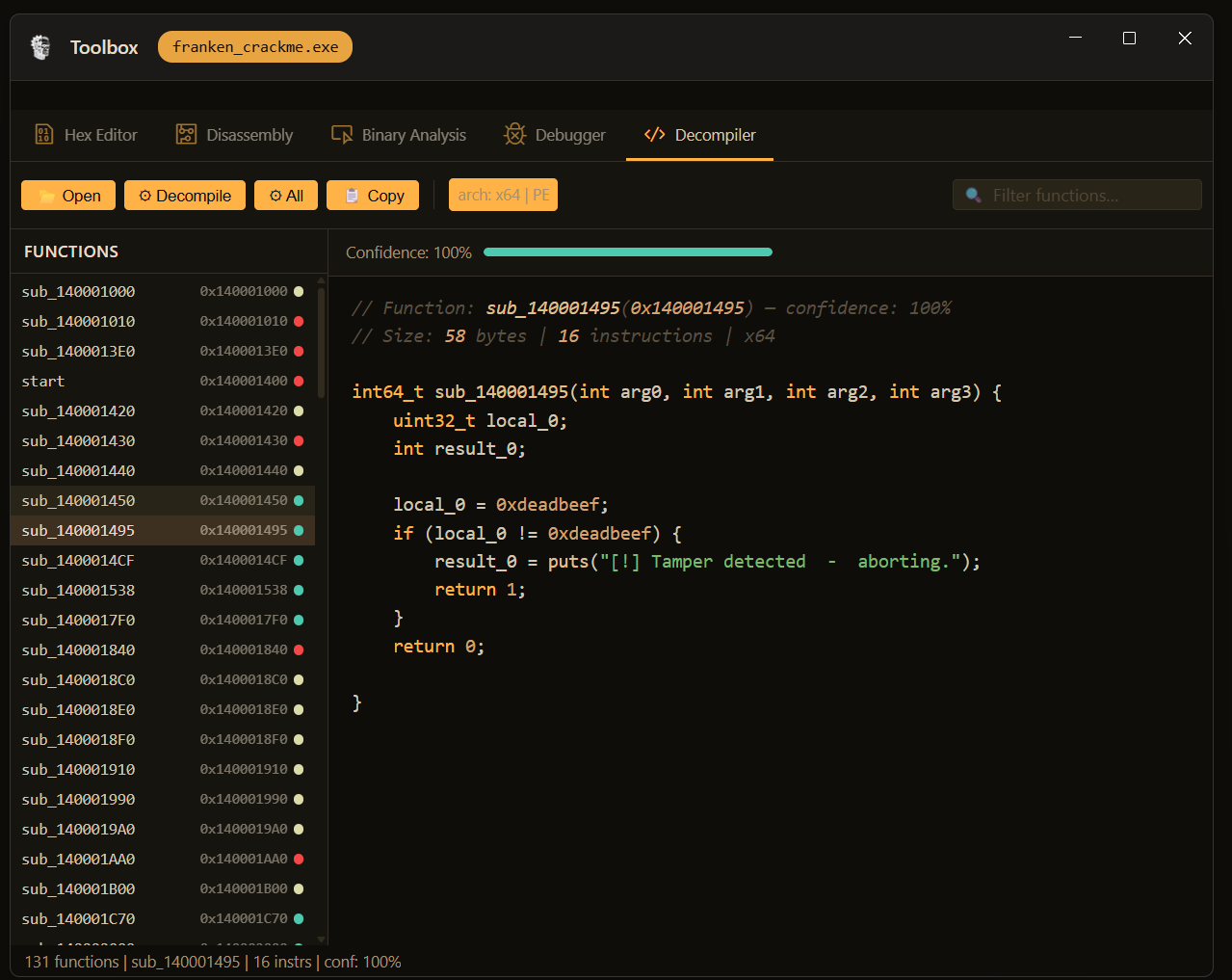 x86/x64 native decompiler showing C pseudocode output for franken_crackme.exe with 100% confidence and 131 functions