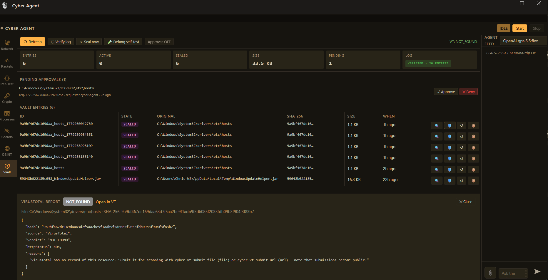 FrankenCoder Quarantine Vault UI showing vault entries, pending approvals, stat cards, and a VirusTotal hash lookup result