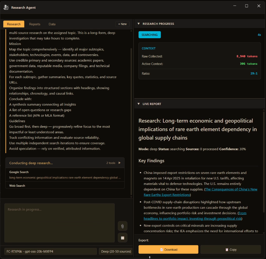 FrankenCoder Research Agent showing live research progress, context compression metrics, and a live-written report on rare earth supply chains