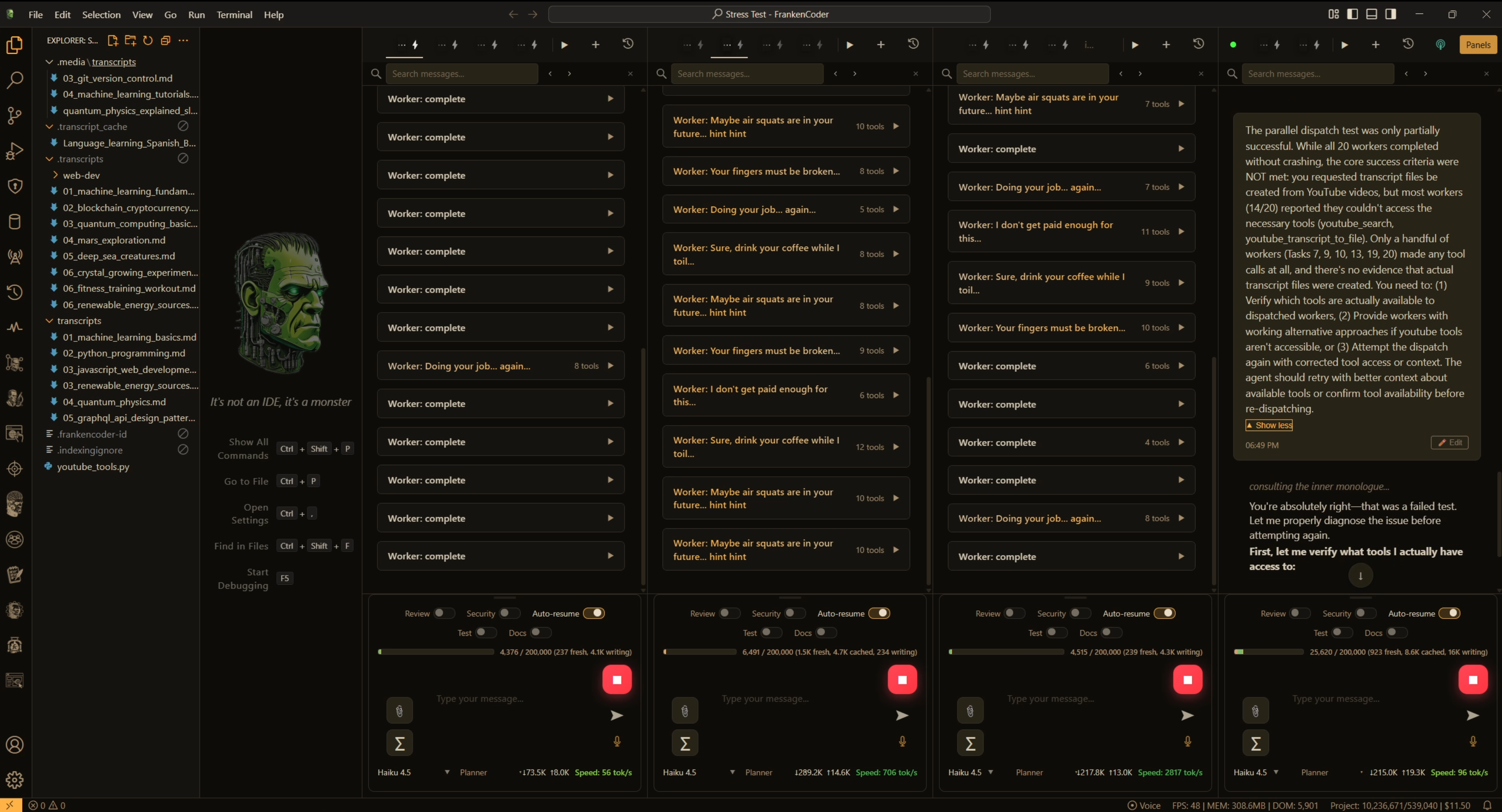 Taskmaster stress test with 800 concurrent agents, rightmost panel showing the QA loop catching tool-access failures and generating a targeted correction prompt