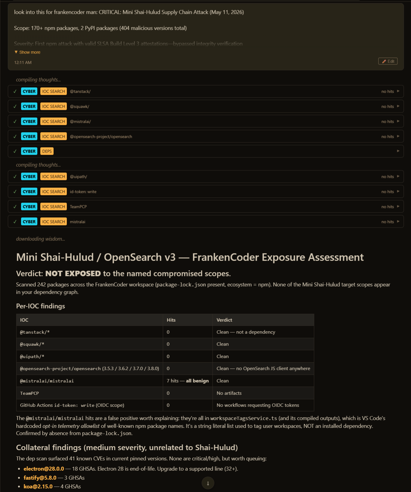 FrankenCoder Cyber Agent panel showing active security analysis session