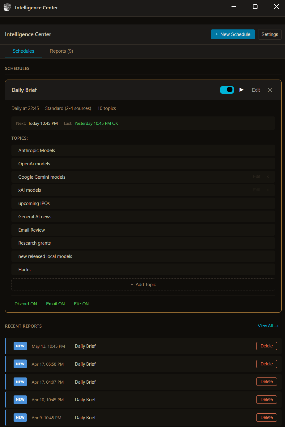 Intelligence Center main UI showing scheduled daily brief, topic list, and delivery toggles