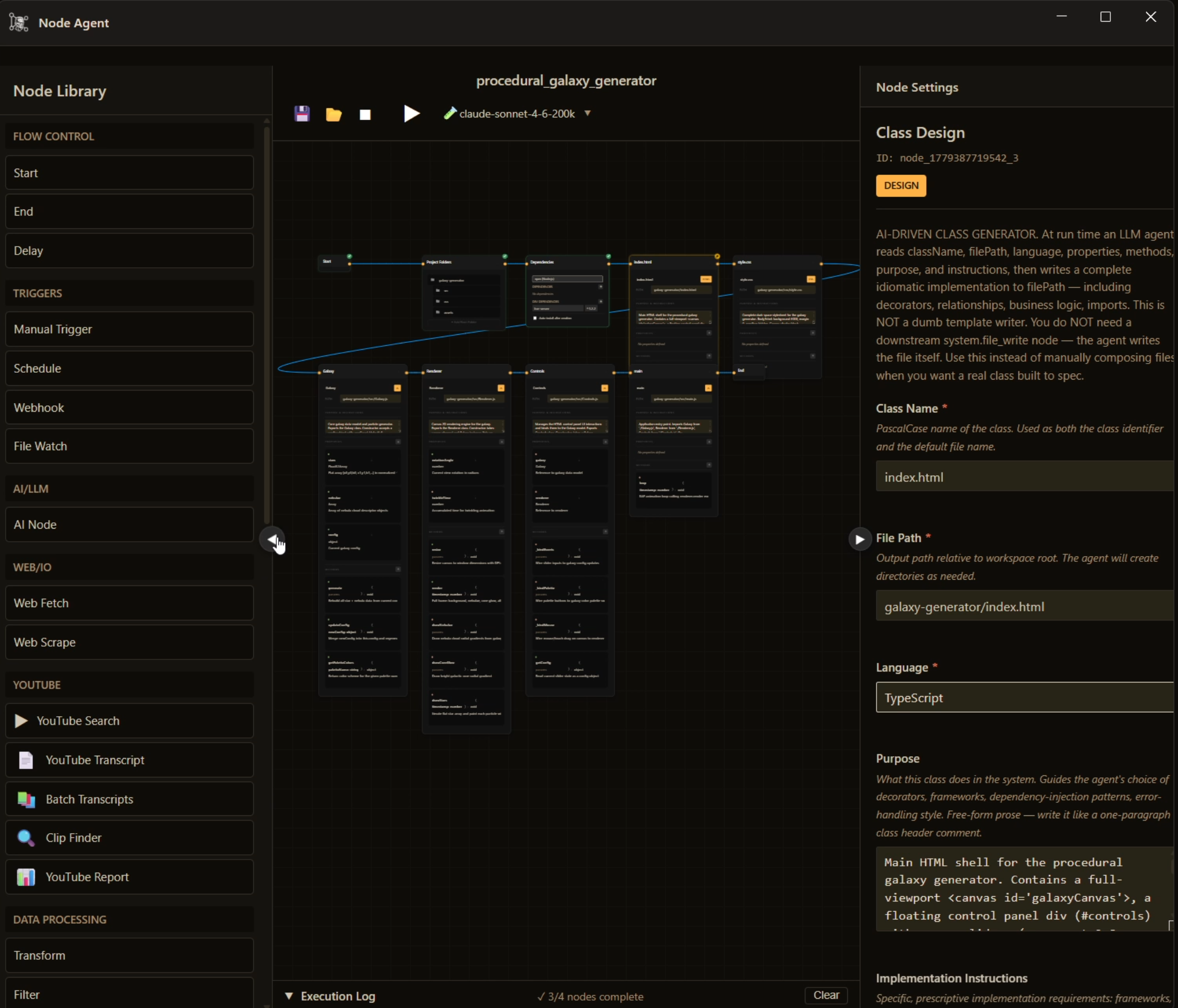 FrankenCoder Node Agent showing the node library, a procedural galaxy generator flow on the canvas, and the Class Design node settings panel